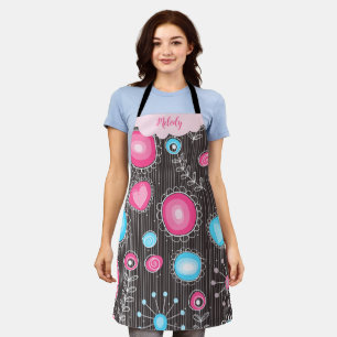 Whimsical pink blue hearts and flowers floral name apron