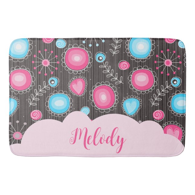 Whimsical pink blue hearts and flowers floral name bath mat (Front)