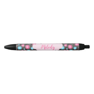 Whimsical pink blue hearts and flowers floral name black ink pen