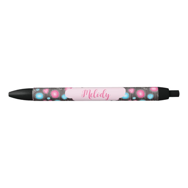 Whimsical pink blue hearts and flowers floral name black ink pen (Front)