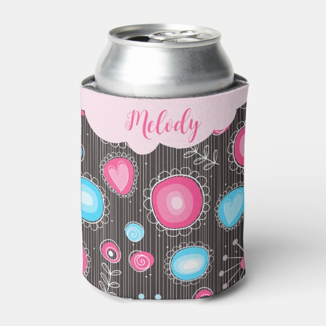 Whimsical pink blue hearts and flowers floral name can cooler (Can Front)