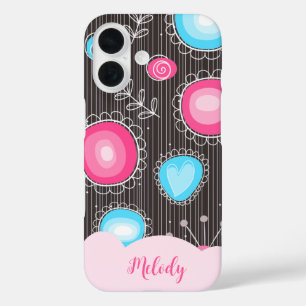 Whimsical pink blue hearts and flowers floral name iPhone 16 case