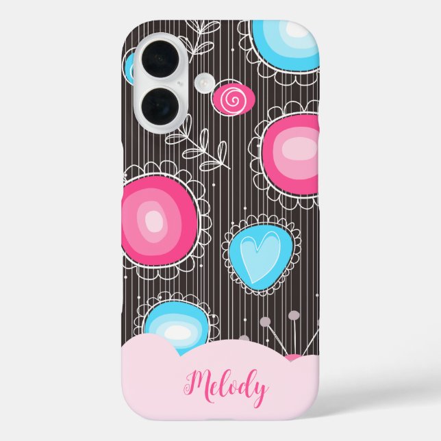 Whimsical pink blue hearts and flowers floral name Case-Mate iPhone case (Back)