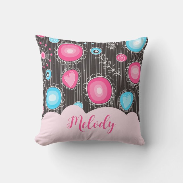 Whimsical pink blue hearts and flowers floral name cushion (Front)
