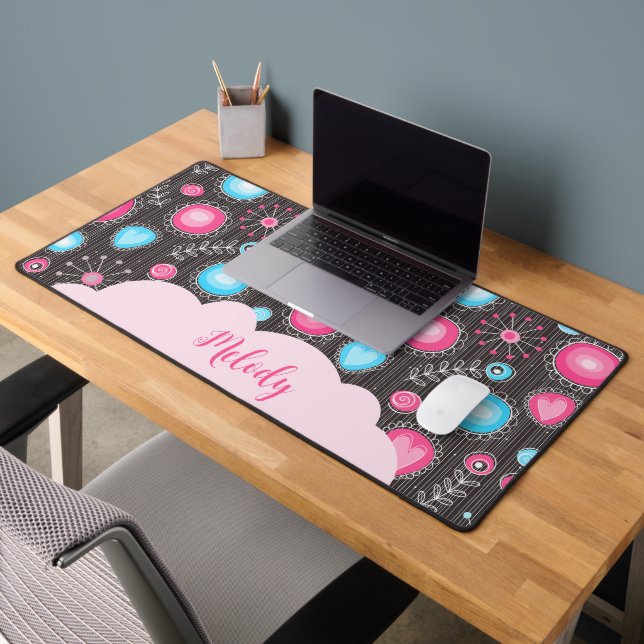 Whimsical pink blue hearts and flowers floral name desk mat (Office 2)
