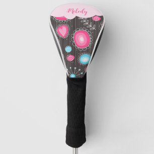 Whimsical pink blue hearts and flowers floral name golf head cover