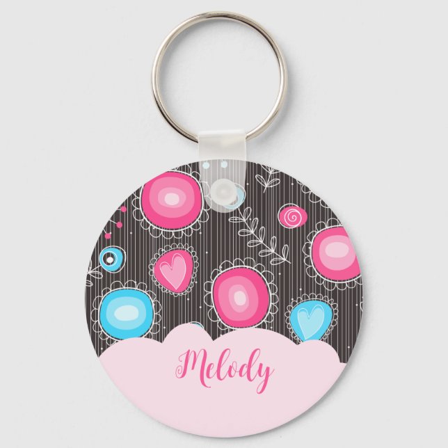 Whimsical pink blue hearts and flowers floral name key ring (Front)