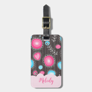 Whimsical pink blue hearts and flowers floral name luggage tag