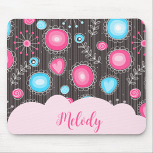 Whimsical pink blue hearts and flowers floral name mouse mat
