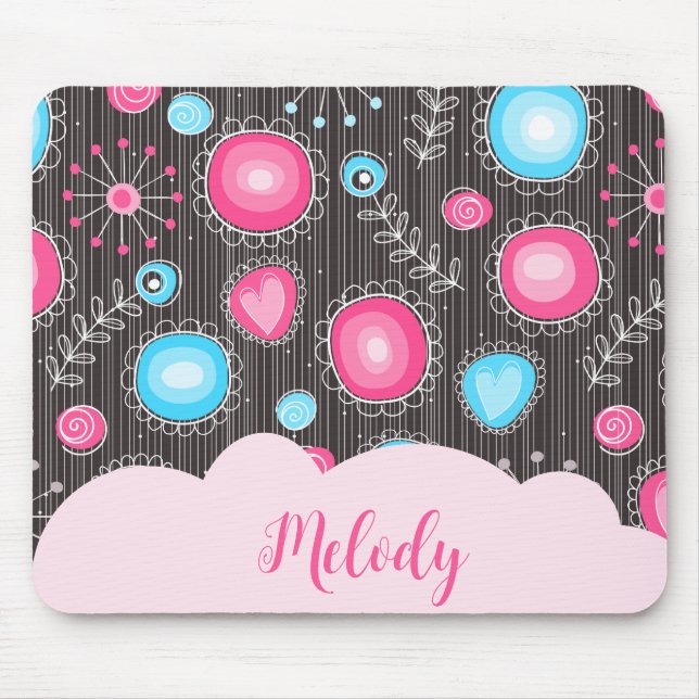 Whimsical pink blue hearts and flowers floral name mouse mat (Front)