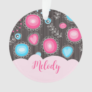 Whimsical pink blue hearts and flowers floral name ornament