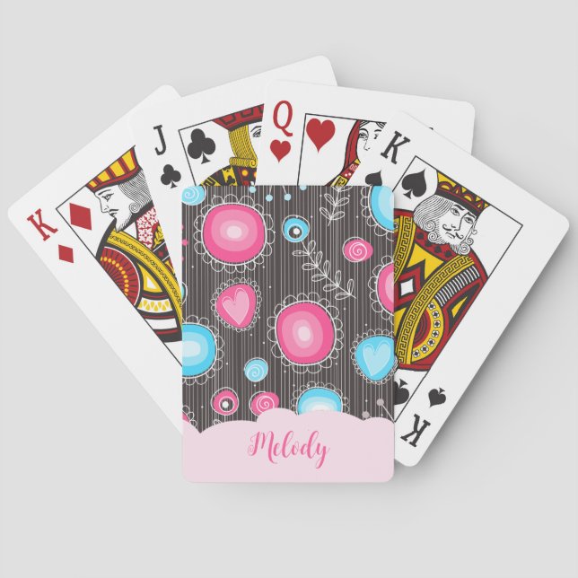 Whimsical pink blue hearts and flowers floral name playing cards (Back)