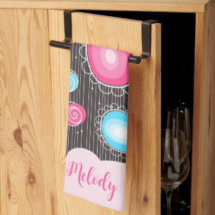 Whimsical pink blue hearts and flowers floral name tea towel