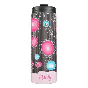 Whimsical pink blue hearts and flowers floral name thermal tumbler