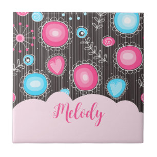 Whimsical pink blue hearts and flowers floral name tile
