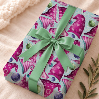 Whimsical Pink Blue Retro Christmas Gnome Pattern Wrapping Paper