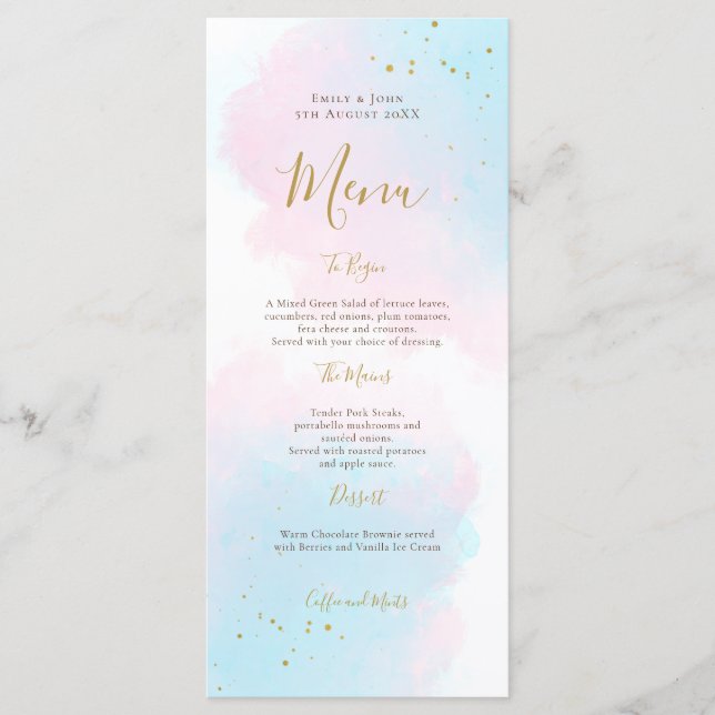 Whimsical Pink Blue Watercolor Gold Splash Wedding Menu (Front)