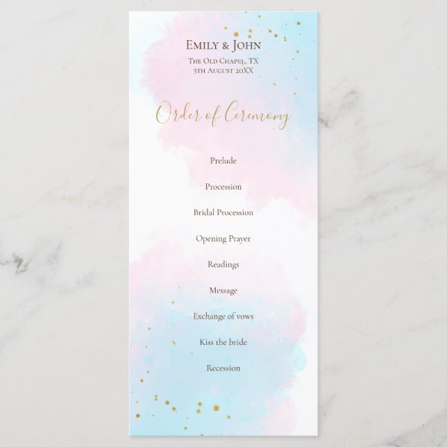Whimsical Pink Blue Watercolors pastel Wedding Programme (Front)