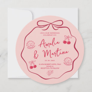 whimsical pink blush doodle Bow Wedding Invitation