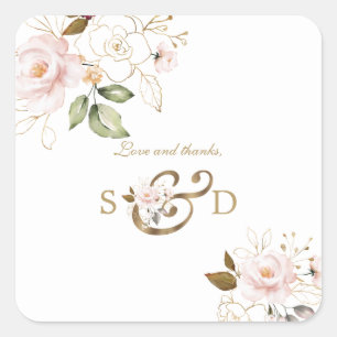Whimsical Pink Blush Gold Flowers Monogram Wedding Square Sticker
