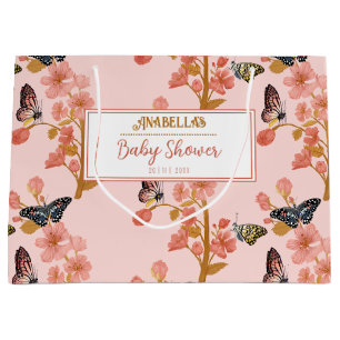 Whimsical Pink Boho Butterfly Girl Baby Shower Large Gift Bag