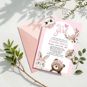 Whimsical Pink Boho Woodland Girl Baby Shower Invitation