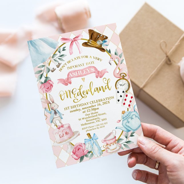 Whimsical Pink Bow Alice Onederland 1st Birthday Invitation (Whimsical Alice In Onederland 1st Birthday Invitation, Pink Bow, One-derland Birthday Invitation )