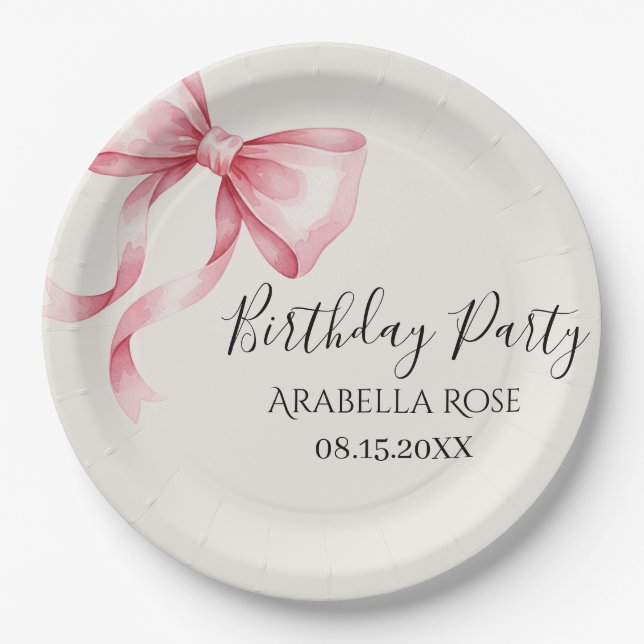 Whimsical Pink Bow Birthday Party Paper Plate (Front)