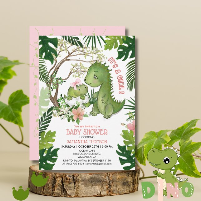 Whimsical Pink Bow Girl Dinosaur Baby Shower  Invitation (Whimsical Pink Bow Girl Dinosaur Baby Shower Invitation)