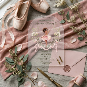 Whimsical Pink Bow & Watercolor Ballerina Birthday Acrylic Invitations