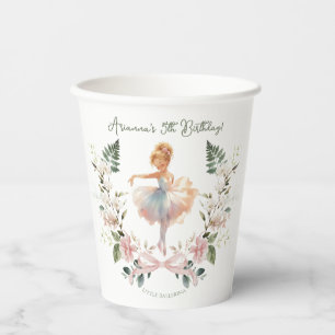 Whimsical Pink Bow & Watercolor Ballerina Birthday Paper Cups