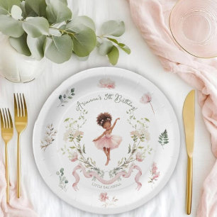 Whimsical Pink Bow & Watercolor Ballerina Birthday Paper Plate