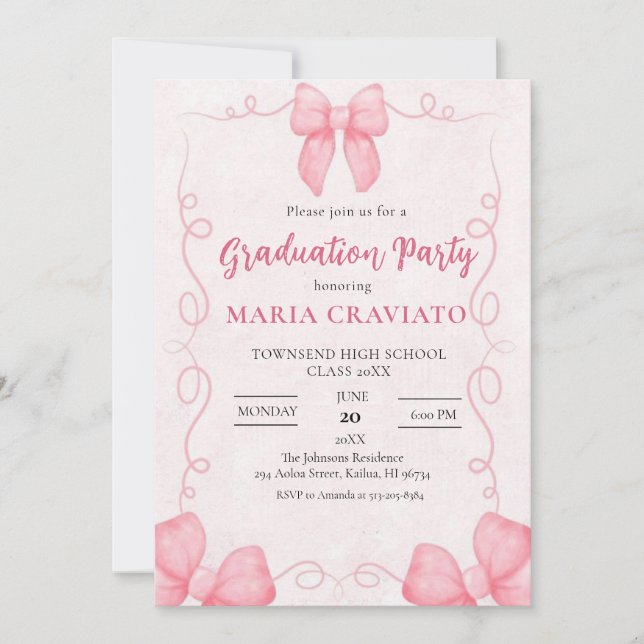  Whimsical Pink Bows Frame Graduation Party Invita Invitation (Front)