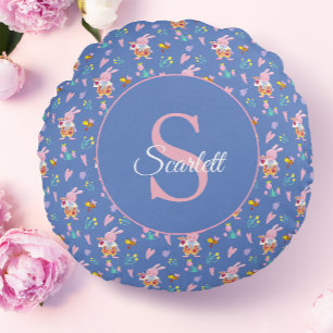 Whimsical Pink Bunny & Flowers Blue Monogram Round Cushion