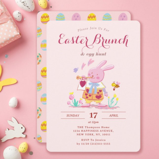 Whimsical Pink Bunny Garden Easter Brunch Egg Hunt Invitation (Creator Uploaded)
