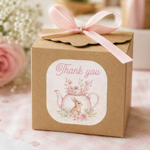 Whimsical Pink Bunny Teapot Floral Thank you Square Sticker