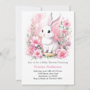 Whimsical Pink Bunny Woodland Girl Baby Shower Invitation