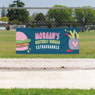Whimsical Pink Burger and Fries Birthday Party Banner