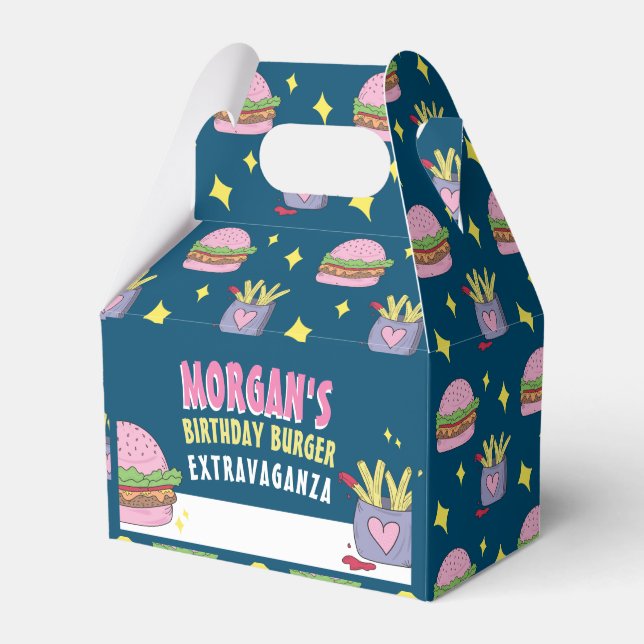 Whimsical Pink Burger and Fries Birthday Party Favour Box (Front Side)