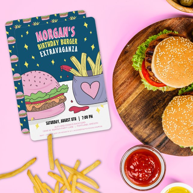 Whimsical Pink Burger and Fries Birthday Party Invitation (Creator Uploaded)