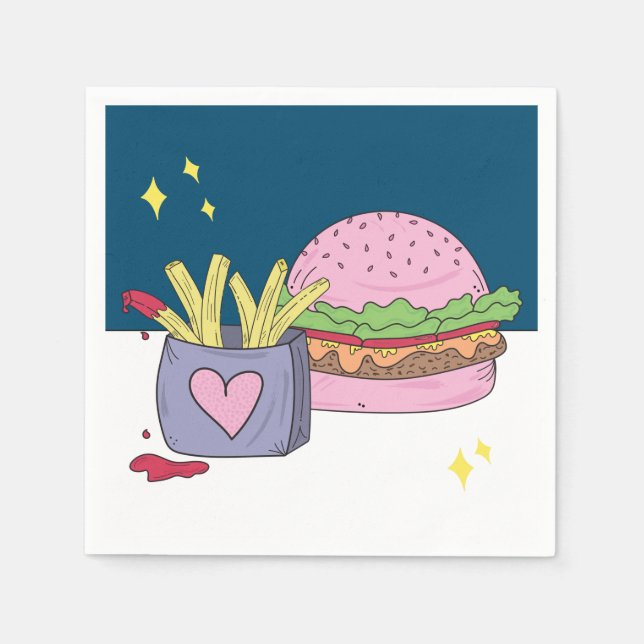 Whimsical Pink Burger and Fries Birthday Party Napkin (Front)