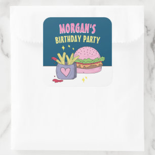 Whimsical Pink Burger and Fries Birthday Party Square Sticker