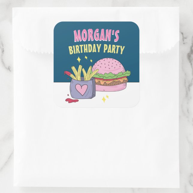 Whimsical Pink Burger and Fries Birthday Party Square Sticker (Bag)