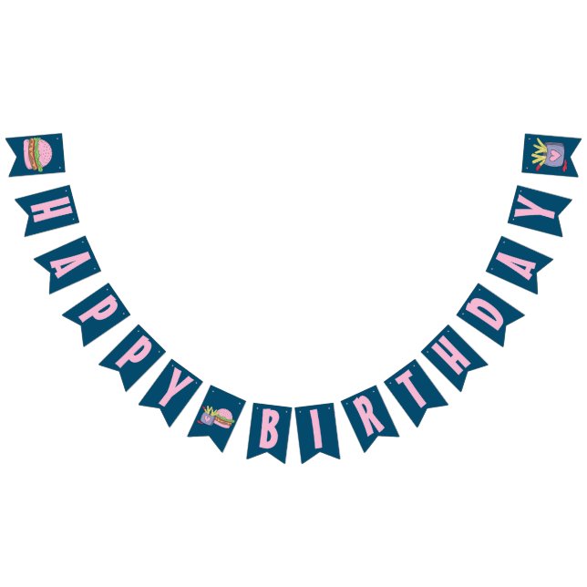 Whimsical Pink Burger and Fries Happy Birthday Bunting (All)