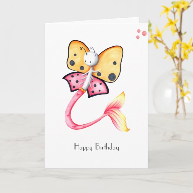 Whimsical Pink Butterfly Mermaid Happy Birthday  Card (Yellow Flower)