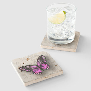 Whimsical Pink Butterfly on Grey Floral Stone Coaster