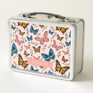 Whimsical Pink Butterfly Pattern Girl's Metal Lunch Box
