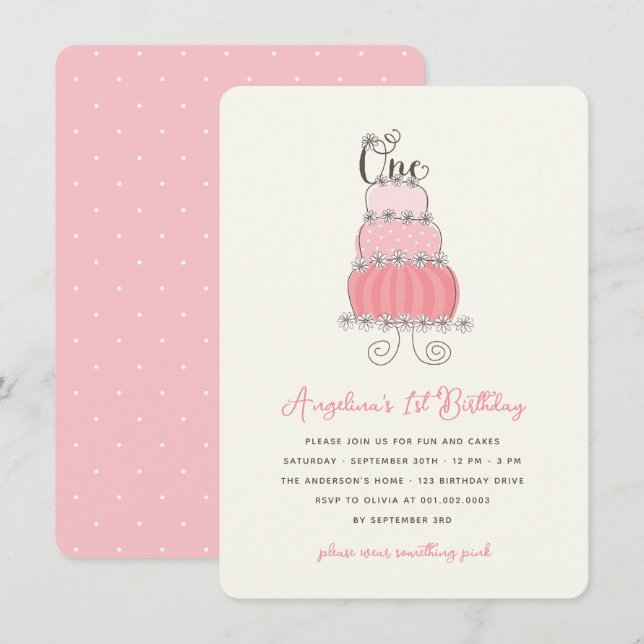 Whimsical Pink Cake Baby Girl 1st Birthday Party Invitation (Front/Back)
