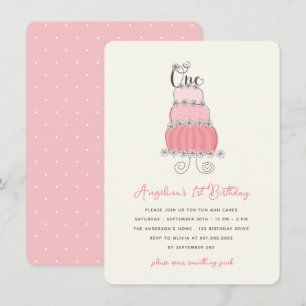 Whimsical Pink Cake Baby Girl 1st Birthday Party Invitation