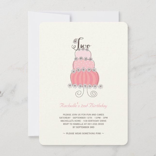 Whimsical Pink Cake Baby Girl 2nd Birthday Party Invitation (Front)